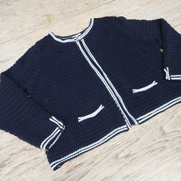 Charter Club loose weave dark navy blue white cotton feel cardigan sweater - Picture 1 of 15